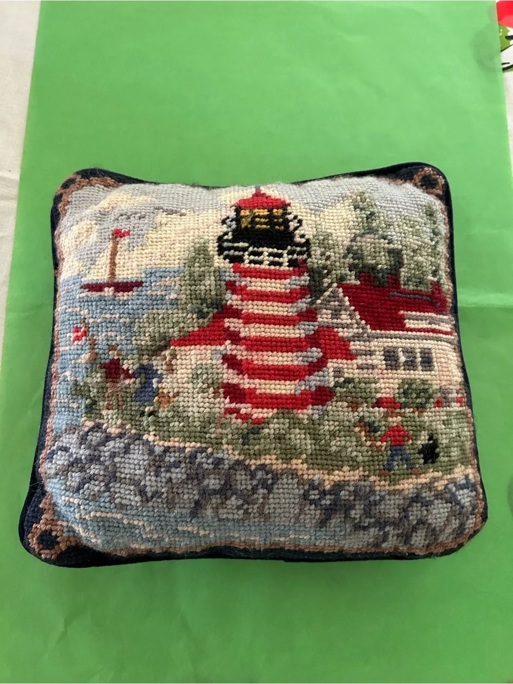 Green & Red Lighthouse Needlepoint Accent Pillow - Unbranded